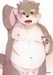 anthro balls barely_visible_genitalia barely_visible_penis belly blush claws eyebrows facial_scar fangs flaccid genitals happy looking_at_viewer male moobs navel nipples nude open_mouth overweight overweight_male pawpads penis scar solo tail teeth thick_eyebrows hijirinoyuta lifewonders tokyo_afterschool_summoners moritaka_(tas) canid canine canis domestic_dog mammal 2022 hi_res