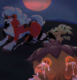 ambiguous_gender anthro bodily_fluids crying cum cumshot ejaculation feral finger_in_mouth genital_fluids genitals group handjob handjob_from_behind knot knotted_penis leaking_cum male penile penis questionable_consent sex tears trio 2ri nintendo pokemon generation_6_pokemon generation_7_pokemon lycanroc midnight_lycanroc mimikyu pokemon_(species) pumpkaboo hi_res