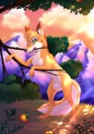 animal_genitalia apple balls dipstick_ears ear_markings eye_scar facial_scar feral food fruit fully_sheathed fur genitals green_eyes male mountain multicolored_ears on_hind_legs orange_body orange_fur plant scar sheath sky sunset tree rukifox rick_(rukifox) canid canine fox mammal hi_res