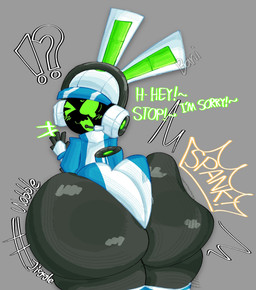 anthro big_butt black_body blue_clothing blue_leotard blue_tail blush butt clothing dialogue electronics empty_eyes exclamation_point female green_blush green_eyes green_inner_ear green_mouth grey_background hat headgear headphones headset headwear huge_butt huge_thighs hyper hyper_butt leotard looking_at_viewer looking_back looking_back_at_viewer machine motion_lines one_eye_closed onomatopoeia open_mouth question_mark rear_view scut_tail short_tail simple_background solo sound_effects spank_(sound_effect) tail text thick_thighs white_clothing white_ears white_hat white_headset white_headwear bnuuylover32 project_turboblast tempo_(project_turboblast) lagomorph leporid mammal rabbit robot robot_anthro 2026 colored digital_media_(artwork) english_text hi_res shaded