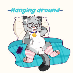 animal_genitalia anthro balls bedding bell bell_collar belly blanket blep blue_collar book cellphone claws clothed clothing collar dipstick_ears dipstick_fingers dipstick_tail dipstick_toes ear_markings electronics eyes_closed eyewear femboy footwear fur genitals glasses gold_bell grey_body hair leg_warmers legwear lying male markings mostly_nude_anthro mostly_nude_male multicolored_ears on_back pattern_clothing pattern_legwear pawpads paws peeking_penis penis phone pillow pink_nose round_glasses scratching scratching_belly sheath simple_background slightly_chubby slightly_chubby_anthro slightly_chubby_male smartphone smile socks solo spots spotted_markings striped_clothing striped_legwear stripes tail tail_markings teeth text thigh_highs thigh_socks tongue tongue_out tuft warmers_only whiskers artistic_dot nixuelle domestic_cat egyptian_mau felid feline felis mammal 1:1 2025 digital_media_(artwork) english_text hi_res