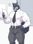 angry annoyed anthro belt black_body bottomwear business_suit clothed clothing front_view hand_on_hip male muscular muscular_male necktie office pants shirt solo suit topwear white_clothing white_shirt white_topwear furtissier canid canine canis mammal wolf 3:4 hi_res