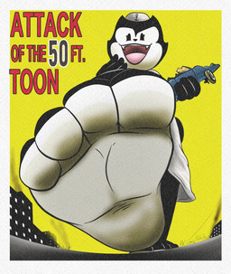 4_toes anthro barefoot black_body black_eyes black_fur building city clothed clothing feet female fingers foot_fetish foot_focus fur hat headgear headwear humanoid_feet low-angle_view macro male micro multicolored_body open_mouth paws plantigrade smile soles solo stomping teeth text toes toony underfoot vehicle white_body white_fur cosmicfetish domestic_cat felid feline felis mammal english_text hi_res