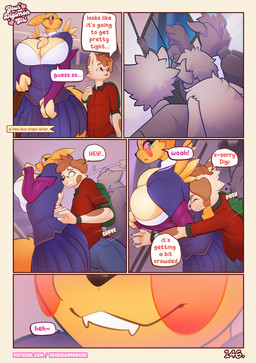 blue_eyes bus clothing commercial_vehicle dialogue eyewear female fur glasses male male/female public public_exposure school_uniform size_difference text uniform vehicle yellow_body yellow_fur conditional_dnp yourdigimongirl bandai_namco digimon digi_(yourdigimongirl) leo_(yourdigimongirl) canid canine canis digimon_(species) domestic_dog mammal renamon comic digital_media_(artwork) english_text hi_res url