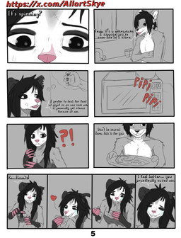 anthro black_hair black_nose clothing dialogue dirty female fur grey_body grey_fur hair pink_body pink_nose simple_background solo text white_body white_fur allartskye kia_(allartskye) skye_(allartskye) american_opossum canid canine canis mammal marsupial wolf comic english_text hi_res url