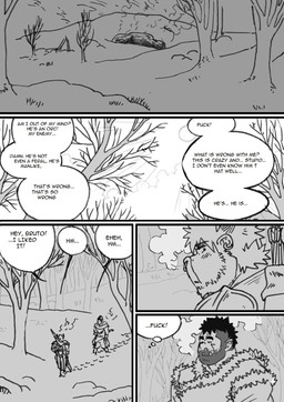 cave clothing dialogue male piercing plant profanity snow text tree husky92 european_mythology greek_mythology mythology bovid bovine human humanoid mammal minotaur orc comic english_text hi_res monochrome multiple_scenes