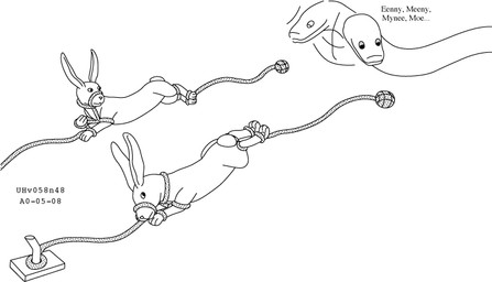 arms_tied bound bound_prey deciding dialogue feral frown group hair imminent_oral_vore imminent_vore legs_tied looking_at_another male male/male multicolored_hair nude_prey trio urbanhermit lagomorph leporid mammal rabbit reptile scalie snake 2000 black_and_white dated monochrome