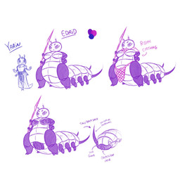 antennae_(anatomy) antennae_piercing anthro areola big_vulva biped blush blush_lines bottomwear breasts cape clitoris clothed clothing duo fangs female furgonomic_piercing furgonomics gem genitals holding_melee_weapon holding_object holding_polearm holding_spear holding_weapon jewelry loincloth male melee_weapon nipples non-mammal_breasts nude piercing polearm red_clothing smile solo spear teeth text vulva weapon bugzilla edrid_(bugzilla) yarin_(airboyaaron) alien arthropod centipede myriapod taur 1:1 2021 absurd_res character_name english_text hi_res model_sheet multiple_images purple_theme sketch