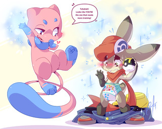 4_fingers 4_toes after_transformation age_regression ambiguous_gender anthro blue_body blue_fur blue_pawpads blue_tail blue_tail_tip blush blush_lines bodily_fluids bottomwear bottomwear_down brown_body brown_ear_tips brown_fur buckteeth clean_diaper clothed clothing container dialogue diaper dipstick_ears dipstick_tail duo ear_markings feet fingers floating flying_sweatdrops footwear fur gloves_(marking) hat headgear headwear heart_symbol holding_container holding_object leg_markings long_tail looking_at_hand magic_user markings multicolored_body multicolored_ears multicolored_fur open_mouth pants pants_down partially_clothed pawpads pink_body pink_fur pink_tail pokeball red_clothing red_hat red_headwear red_scarf scarf scut_tail shoes short_tail simple_background snaggle_tooth socks_(marking) sparkles speech_bubble standing sweat sweatdrop tail tail_markings tan_body tan_fur teeth text toes tryagains_(diaper) two_tone_body two_tone_fur two_tone_tail ultra_ball wearing_diaper young lilchu nintendo pokemon try_agains aoi_(wuppy245) sirocco_(dragoncrescent) generation_1_pokemon hare lagomorph legendary_pokemon leporid mammal mew_(pokemon) pokemon_(species) 2024 5:4 english_text signature story story_in_description