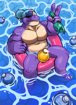 balls biceps blue_cap bodily_fluids bottle clothing container genital_fluids genitals green_clothing green_underwear holding_clothing holding_object holding_underwear lifesaver male pecs purple_body relaxing selfie_pose sitting slightly_chubby smile solo sphere underwear urine water wet seaspraydragon brawl_stars supercell_(company) pierce_(brawl_stars) dinosaur prehistoric_species reptile scalie hi_res line_art