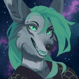 abstract_background anthro black_clothing black_nose black_topwear cheek_tuft clothed clothing facial_tuft fangs female front_view fur glistening glistening_eyes green_eyes green_hair green_tongue grey_body grey_fur hair open_mouth open_smile pupils slit_pupils smile solo teeth tongue topwear tuft unsigned corzh77 canid mammal 1:1 absurd_res bust_portrait hi_res icon lineless portrait