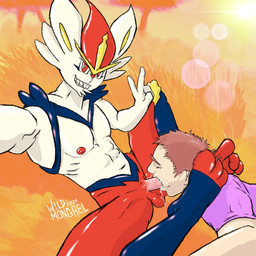 anthro artist_wildmongrel bodily_fluids cum dominant dominant_anthro drooling duo feet fellatio gagging genital_fluids interspecies male male/male muscular nipples oral outside penile pokephilia saliva selfie sex smile submissive submissive_human wildmongrel nintendo pokemon cinderace generation_8_pokemon human lagomorph leporid mammal pokemon_(species) rabbit 1:1 hi_res