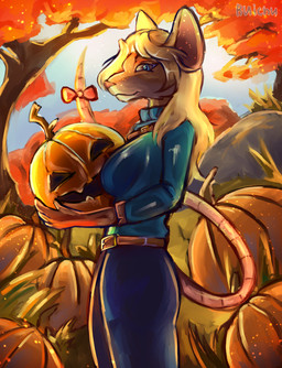 accessory anthro autumn belt belt_buckle blonde_hair blue_bottomwear blue_clothing blue_eyes blue_pants blue_shirt blue_topwear bottomwear bow_ribbon brown_belt brown_clothing brown_gloves brown_handwear buckle clothed clothing female food forest forest_background fruit fully_clothed fur furgonomics gloves golden_belt_buckle grass grass_field hair handwear holding_jack-o'-lantern holding_object holding_pumpkin jack-o'-lantern looking_at_viewer multicolored_body nature nature_background outside pants pink_nose plant pumpkin red_bow ribbons rock shirt side_view solo sweater tail tail_accessory tail_bow tail_ribbon topwear tree turtleneck two_tone_body yellow_body yellow_fur ruichu kathrine_brightwell_(vulpessupreme) mammal murid murine rat rodent 2025 absurd_res digital_media_(artwork) hi_res