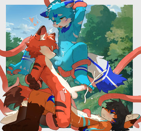 4_toes anal anal_penetration angry anthro anthro_on_anthro anthro_penetrated anthro_penetrating anthro_penetrating_anthro arm_tuft arms_tied armwear balls black_hair blue_balls blue_eyes blue_markings blue_penis blush blush_lines bodily_fluids bound brown_body brown_fur chest_markings chest_tuft clenched_teeth clothing cloud cum cum_inside cum_on_feet cumshot dipstick_ears dipstick_tail drooling ear_markings ejaculation emanata eye_roll eyebrows eyes_closed facial_markings facial_tuft feet fellatio fluffy fluffy_tail foot_fetish foot_markings foot_play footjob fur genital_fluids genitals glistening glistening_tentacles gloves_(marking) group group_sex hair hands_behind_back head_markings heart_symbol heterochromia humanoid_genitalia humanoid_penis inner_ear_fluff kemono leg_markings legs_tied looking_pleasured lying male male/male male_anthro male_penetrated male_penetrating male_penetrating_male markings motion_lines multicolored_ears narrowed_eyes navel oral orange_eyes orgasm orgasm_face outside_sex pawpads penetration penile penis penis_in_mouth pink_inner_ear pink_pawpads pink_tentacles plant prostate_stimulation questionable_consent saliva sex shoulder_tuft sky socks_(marking) striped_legs suspension sweat sweatdrop tail tail_markings tears teeth tentacle_in_ass tentacle_penetration tentacles tentacles_around_arms tentacles_around_legs threesome toes tongue tongue_out tree trio tuft white_balls white_body white_eyebrows white_fur white_inner_ear_fluff white_penis young young_anthro young_male young_on_young nekowuwu canid canine human mammal 2026 hi_res