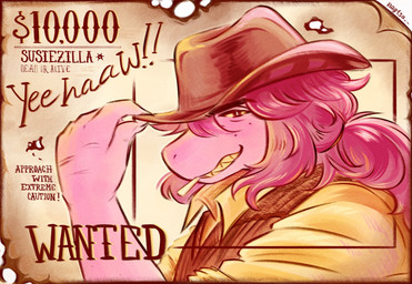 anthro cigarette cigarette_in_mouth claws clothed clothed_anthro clothed_female clothing cowboy_hat female female_anthro finger_claws freckled_face freckles grin grinning_at_viewer hair hat headgear headwear long_hair looking_at_viewer object_in_mouth sharp_teeth smile smiling_at_viewer solo teeth text wanted_poster nag1sa deltarune undertale_(series) susie_(deltarune) dinosaur prehistoric_species reptile scalie 2025 digital_media_(artwork) english_text hi_res