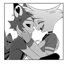 anthro blush choker cleavage_cutout clothed clothing cutout duo eyes_closed feathered_wings feathers jewelry male male/male necklace romantic romantic_ambiance simple_background white_background wings enaic31 hazbin_hotel hellaverse angel_dust husk_(hazbin_hotel) arachnid arthropod demon domestic_cat felid feline felis humanoid mammal spider hi_res monochrome