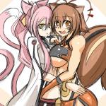 amber_eyes blush breasts brown_body brown_eyes brown_fur brown_hair clothed clothing duo eyewear female fur glasses hair happy hug interlocked_fingers looking_at_viewer open_mouth pink_body pink_fur pink_hair daddy_pomgi arc_system_works blazblue kokonoe_mercury makoto_nanaya animal_humanoid cat_humanoid felid felid_humanoid feline feline_humanoid humanoid mammal mammal_humanoid rodent rodent_humanoid sciurid sciurid_humanoid tree_squirrel_humanoid 1:1 2011