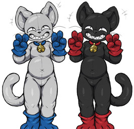anthro bell bell_collar black_body blue_clothing blue_collar blue_gloves blue_handwear bulge clothing collar duo gesture glistening glistening_body gloves hand_gesture handwear latex latex_body long_tail male red_clothing red_collar red_gloves red_handwear sharp_teeth simple_background smile tail teeth v_sign white_background white_body fuyugaki15 domestic_cat felid feline felis mammal 2025 digital_media_(artwork) hi_res