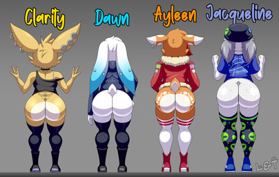 anthro big_butt bottomless butt clothed clothing female fishnet_clothing freckled_butt freckles group legwear lineup orange_body partially_clothed piercing simple_background stockings tattoo white_body yellow_body lechugansfw ayleen_(lechugansfw) clarity_(lechugansfw) dawn_(lechugansfw) jacqueline_simmons_(lechugansfw) alien canid canine canis deer dipodid domestic_dog jerboa lagomorph leporid mammal rabbit rodent absurd_res hi_res