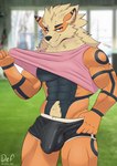 abs anthro balls_outline blue_eyes bulge clothed clothing clothing_lift detailed_bulge fur genital_outline male muscular muscular_anthro muscular_male nipples orange_body orange_fur pecs penis_outline pubes serratus shirt shirt_lift smile solo tank_top topwear underwear nsfw_def nintendo pokemon def_the_arcanine arcanine canid canine generation_1_pokemon mammal pokemon_(species) absurd_res hi_res