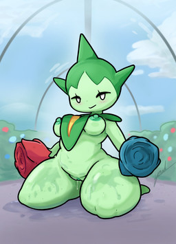 areola blush blush_lines bodily_fluids bottom_heavy breasts eyelashes female front_view genital_fluids genitals green_areola green_body green_nipples kneeling looking_at_viewer nipples nude pokemorph solo thick_thighs vaginal_fluids vulva wet white_eyes wide_hips yawlyawl090 nintendo pokemon generation_3_pokemon humanoid pokemon_(species) roselia absurd_res hi_res