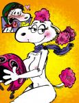 anthro anthrofied breasts clothed clothing eyewear female female_focus goggles group heart_symbol male nude pilot_hat scarf solo_focus andreu-t peanuts_(comic) fifi_(peanuts) snoopy woodstock_(peanuts) avian beagle bird canid canine canis domestic_dog hunting_dog mammal poodle scent_hound hi_res