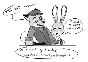 anthro clothed clothing dialogue dipstick_ears duo ear_markings female flat_cap gloves_(marking) greeting hat headgear headwear holding_object leaning long_ears looking_aside looking_at_another male markings multicolored_ears necktie notebook rolled_up_sleeves shirt simple_background speech_bubble text topwear white_background mmabelpines disney newsies zootopia judy_hopps nick_wilde canid canine fox lagomorph leporid mammal rabbit red_fox true_fox 2016 comic english_text greyscale monochrome