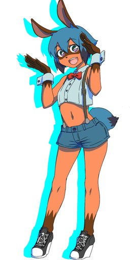 5_fingers alternate_species anthro black_body black_fur black_hair blue_body blue_eyes blue_fur blue_hair bottomwear bow_tie brown_body brown_fur brown_nose clothed clothing cuff_links female fingers fluffy fluffy_tail footwear fur hair high_heels multicolored_body multicolored_fur multicolored_hair navel open_mouth open_smile shoes shorts smile solo suspenders tail topwear macky1150 brand_new_animal studio_trigger michiru_kagemori lagomorph mammal 2020 absurd_res hi_res