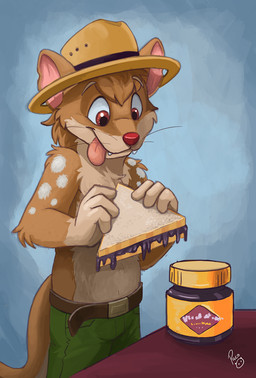 4_fingers abstract_background anthro arm_markings belt biped blue_background bottomwear bread brown_belt brown_body brown_fur brown_tail buckle cheek_tuft chest_tuft clothed clothing container countershade_face countershading ears_through_headwear eyebrow_through_hair eyebrows facial_tuft fingers food fur furniture gloves_(marking) gradient_background green_bottomwear green_clothing green_pants hair hat head_tuft headgear headwear holding_food holding_object hungry jar looking_at_object looking_down male markings multicolored_body multicolored_fur pants pink_inner_ear pointy_ears prick_ears red_eyes red_nose sandwich_(food) simple_background solo spots standing table tail tan_body tan_fur tan_tail teeth teeth_showing tongue tongue_out topless topless_male translucent translucent_hair tuft two_tone_body two_tone_fur two_tone_tail whiskers pandapaco vegemite furrhan_(furrhanblackwood) dasyurid dasyuromorph eastern_quoll mammal marsupial quoll 2021 digital_media_(artwork) hi_res signature