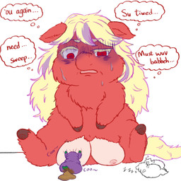 ambiguous_feral ambiguous_gender baby_talk black_hooves blonde_eyelashes blonde_hair bodily_fluids breastfeeding crotch_breasts exhausted eyelashes feces female female_feral feral fur green_hooves green_tail group hair hooves inner_monologue looking_at_another looking_down looking_down_at_another neonate nipples open_mouth purple_body purple_fur red_body red_eyes red_fur sitting sleeping sleeping_together sound_effects sweat tail text thinking thought_bubble vowelless vowelless_sound_effect wings yellow_tail young young_ambiguous young_feral zzz yellowcottoncandy030 fluffy_pony fluffy_pony_(species) mammal 1:1 2025 comic digital_media_(artwork) english_text hi_res