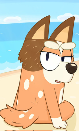 4_fingers anthro arm_support beach bedroom_eyes bent_leg big_ears big_eyes black_eyes black_nose blue_sky brown_body brown_ears brown_fur cloud day detailed_background eyebrows eyelashes featureless_chest female fingers flat_chested fur fur_tuft glistening glistening_nose gloves_(marking) head_tuft head_turned iris leg_markings light_body light_fur light_markings long_eyelashes looking_at_viewer looking_back looking_back_at_viewer markings mature_anthro mature_female multicolored_body multicolored_fur multicolored_tail narrowed_eyes no_pupils nude nude_anthro nude_female open_mouth orange_body orange_fur outside pointy_ears prick_ears red_tongue sand sea seductive shadow sitting sky snout socks_(marking) solo spots spotted_back spotted_body spotted_fur spotted_markings spotted_tail tail tail_markings tan_inner_ear teeth thick_eyebrows thick_thighs three-quarter_view tongue tuft two_tone_tail water white_body white_clouds white_eyebrows white_fur white_markings white_sclera white_spots lexusart616 bluey_(series) chilli_heeler australian_cattle_dog canid canine canis cattledog domestic_dog herding_dog mammal pastoral_dog 2026 digital_drawing_(artwork) digital_media_(artwork) hi_res