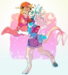 abstract_background anthro backwards_baseball_cap backwards_hat baseball_cap blush bottomwear braided_hair brown_body brown_fur clothing collar denim denim_bottomwear denim_clothing denim_shorts duo eyes_closed female fin fur hair hat headgear headwear heart_symbol holding_up_other_character kissing leg_wrap male male/female multicolored_body multicolored_fur nose_to_nose red_clothing red_shirt red_topwear shirt shorts tail tail_fin tongue tongue_out topwear s3aparty chester_the_otter umi_(s3aparty) canid canine fox island_fox mammal mustelid otter urocyon 2023 digital_drawing_(artwork) digital_media_(artwork) hi_res