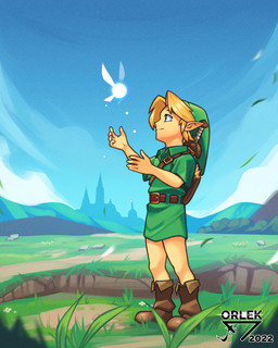 5_fingers biped blonde_hair boots clothed clothing duo fingers footwear grass green_clothing green_hat green_headwear hair hat headgear headwear male melee_weapon not_furry plant shoes size_difference smile sword weapon young young_humanoid young_male orlek cc-by-nc-nd creative_commons nintendo the_legend_of_zelda young_link fairy humanoid hylian 2022 4:5 absurd_res hi_res