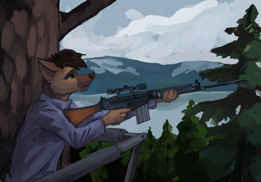 anthro battle_rifle clothed clothing detailed_background fn_fal forest fur gun hair holding_battle_rifle holding_gun holding_object holding_ranged_weapon holding_rifle holding_sniper_rifle holding_weapon lake male outside plant ranged_weapon rifle scope shirt solo standing topwear tree water weapon tazal fn_herstal canid canine canis domestic_dog mammal absurd_res digital_media_(artwork) hi_res