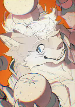 anthro black_pawpads blue_eyes blue_pupils claws clothed clothed_anthro clothed_male clothing countershade_face countershade_fur countershade_torso countershading eye_markings eyebrows fangs finger_claws fingerpads food food_on_head fruit fur grey_markings hair high-angle_view holding_food holding_object inner_ear_fluff male markings object_on_head open_clothing open_shirt open_topwear orange_(fruit) orange_background pawpads plant pupils ringed_iris shirt simple_background solo striped_markings striped_tail stripes tail tail_markings tan_body tan_fur teeth toothy_grin topwear tuft white_body white_countershading white_eyebrows white_hair white_inner_ear_fluff white_sclera chiayeeee felid mammal 2024 absurd_res bust_portrait chromatic_aberration digital_drawing_(artwork) digital_media_(artwork) hi_res portrait