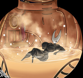 anthro bathing big_breasts biped black_body blush breasts detailed_background female fingers huge_breasts inside looking_at_viewer nude one_eye_closed partially_submerged sitting solo text thick_thighs voyeur shinysteel hollow_knight:_silksong hollow_knight_(franchise) team_cherry hornet_(hollow_knight) kratt_(hollow_knight:_silksong) arthropod 2025 hi_res