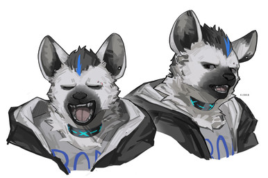 anthro black_hair blue_hair clothed clothing collar ear_piercing eyebrow_piercing eyes_closed facial_piercing fur grey_body grey_fur hair jacket male multicolored_hair multiple_poses open_clothing open_jacket open_topwear piercing pose shirt solo tail topwear tuft two_tone_hair o_tout0 arknights hypergryph studio_montagne spot_(arknights) hyena mammal spotted_hyena 2026 absurd_res digital_media_(artwork) hi_res