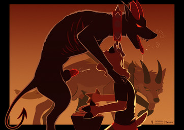 animal_genitalia animal_penis anthro anthro_on_feral balls bestiality bodily_fluids canine_genitalia canine_penis collar curvy_figure detailed_background drooling feral fingers floppy_ears fur genital_fluids genitals group half-erect hooved_fingers hooves imminent_sex knot knot_in_sheath larger_feral larger_male male male/male male_anthro male_feral male_on_anthro male_on_feral nude open_mouth penile penis pink_sheath_slit precum saliva sheath sheath_slit size_difference slim_anthro smaller_anthro smaller_male smile tail tan_body tan_fur text tongue tongue_out trio twang mythology glace_(glaceiscoffee) bovid canid canid_demon canine caprine demon goat hellhound mammal mythological_canine mythological_creature 2026 artist_name colored comic digital_drawing_(artwork) digital_media_(artwork) english_text hi_res shaded signature