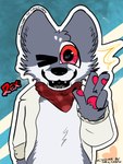 alternate_rating anthro bandanna circle_eyebrows clothing eyebrows fangs gesture hand_gesture heart_eyes heart_in_mouth heart_paws heart_symbol jacket jacket_only kerchief male pattern_bandanna pattern_kerchief plaid plaid_bandanna plaid_kerchief solo teeth topwear v_sign version_sfw felixmcfurry rex(publicfurry) canid hybrid mammal digital_drawing_(artwork) digital_media_(artwork) hi_res