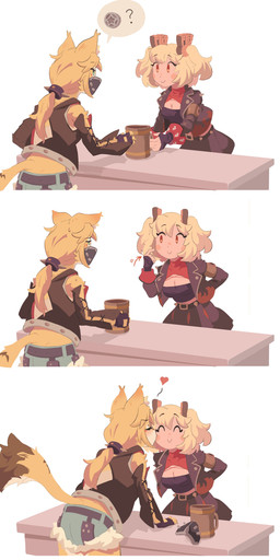 accessory anthro beverage blonde_hair blush blush_stickers bodily_fluids bottomwear breasts cleavage clothed clothing container cup duo ear_blush eyes_closed female female/female female_anthro female_focus female_human fingerless_gloves fingers fur furniture gesture gloves green_eyes hair hair_accessory hand_gesture hands_behind_back handwear holding_container holding_cup holding_mug holding_object jacket kissing kissing_cheek leather leather_clothing leather_jacket leather_topwear looking_at_another mask money mug no_sclera pigtails pointing pointing_at_self ponytail pose red_eyes simple_background skirt smile sweat tail talking_to_another topwear tuft twintails_(hairstyle) vest yellow_body yellow_fur mangedugruau mihoyo zenless_zone_zero burnice_white pulchra_fellini felid feline human mammal thiren 2025 absurd_res colored comic digital_drawing_(artwork) digital_media_(artwork) hi_res shaded
