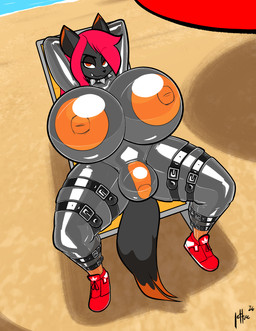 anthro big_breasts black_body black_fur bodysuit breasts clothing collar fluffy fluffy_tail footwear fur genitals glistening glistening_bodysuit glistening_clothing glistening_skinsuit grey_body grey_fur gynomorph hair huge_breasts humanoid_genitalia humanoid_penis intersex latex latex_bodysuit latex_clothing latex_skinsuit looking_at_viewer lying multicolored_body multicolored_fur nipples null_bulge on_back orange_body orange_eyes orange_fur orange_nipples orange_penis penis red_clothing red_footwear red_hair red_shoes red_sneakers shoes skinsuit sneakers solo spiked_collar spikes tail thick_thighs tight_clothing translucent translucent_bodysuit translucent_latex lettuce_(artist) adidas canid canine fox mammal 2026 absurd_res hi_res