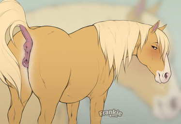 anatomically_correct anatomically_correct_genitalia anatomically_correct_vulva animal_genitalia animal_vulva anus blonde_mane blush bodily_fluids brown_eyes butt clitoral_winking clitoris equine_anus equine_genitalia equine_vulva female feral fur genital_fluids genitals looking_at_viewer looking_back looking_back_at_viewer mane puffy_anus quadruped raised_tail rear_view smile solo standing tail vaginal_fluids vulva yellow_body yellow_fur yellow_tail fenn.perrox dreamworks spirit:_stallion_of_the_cimarron esperanza_(cimarron) equid equine horse mammal 2025 digital_media_(artwork) hi_res