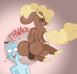 anthro anus balls big_balls big_butt blood bodily_fluids brown_body brown_fur butt butt_slam butt_smack butt_to_cheek duo fur genitals interspecies long_ears male male/male onomatopoeia pokephilia red_eyes simple_background smile solo_focus sound_effects tail tail_tuft tan_body tan_fur teardrop tears teeth text thick_thighs tuft white_eyes travelerbun nintendo pokemon anon generation_4_pokemon human humanoid lagomorph leporid lopunny mammal pokemon_(species)