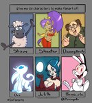 ambiguous_gender armlet bald breasts chest_wraps cleavage clothed clothing collared_shirt evening_gloves eye_scar eyeshadow facial_scar fangs female fur group hair makeup male ponytail scar shirt teeth topwear wool_(fur) wraps psicoyote aardman_animations bunnicula_(series) microsoft ori_(series) shantae_(series) shaun_the_sheep six_fanarts_challenge wallace_and_gromit wayforward xbox_game_studios bunnicula danny_devito julith_(dofus) ori_(ori) shantae shaun_the_sheep_(character) human humanoid mammal meme