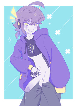 abstract_background ahoge balls big_penis bodily_fluids bottomwear bottomwear_down clothed clothing ear_fins facial_markings femboy fin fingers genital_fluids genitals gesture glans grey_body hair hand_gesture head_markings hologram hologram_ears hoodie humanoid_genitalia leaning leaning_forward long_hair looking_at_viewer machine male markings metallic_body midriff navel not_furry pants pants_down partially_clothed penis pointing pointing_down ponytail precum precum_string pulling_down_pants purple_glans purple_hair shutter_iris simple_background smile smiling_at_viewer smirk smirking_at_viewer solo star sweatpants topwear yellow_eyes amaruu vtuber faris_v5 android humanoid robot 2025 absurd_res colored digital_media_(artwork) hi_res portrait three-quarter_portrait