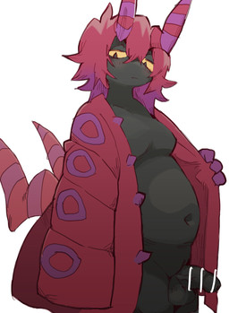 antennae_(anatomy) anthro belly black_body bottomless censor_bar clothed clothing genitals hair jacket jacket_only kemono male navel penis pokemorph red_hair slightly_chubby slightly_chubby_male solo topwear topwear_only yellow_sclera si_ra_ta_ma3 nintendo pokemon generation_5_pokemon pokemon_(species) scolipede censored hi_res