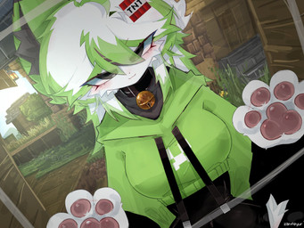 anthro belt_collar blush breasts close-up clothing creeper_face creeper_face_pattern eyelashes female green_clothing green_highlights hair highlights_(coloring) hoodie looking_at_viewer nature_background pawpads paws_against_glass smile solo topwear white_hair zanfeyur microsoft minecraft mojang xbox_game_studios domestic_cat felid feline felis mammal 4:3 digital_media_(artwork) hi_res