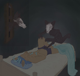 anthro antlers bed bed_frame bedding biped blanket blue_hair bone bulge bulge_fondling clothed clothing creepy duo entering eyeless female fondling furniture hair hand_on_chest holding_leg home_invasion hooves horn horror_(theme) hunched_over invisible_legs male male/female male_anthro night open_window pillow raised_leg skeletal skull sleep_molestation sleep_paralysis sleeping slim sound_effects standing_on_bed teeth underwear underwear_only vowelless vowelless_sound_effect window zzz axentooth cricket_(axentooth) raymond_(axentooth) deer mammal new_world_deer sleep_paralysis_demon white-tailed_deer hi_res