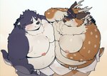 anthro belly big_belly blush clothing duo eyes_closed hat headgear headwear kemono male male/male moobs nipples overweight overweight_anthro overweight_male towel quanjiang tamacolle harima kazusa canid canine canis deer domestic_dog mammal 2022 hi_res