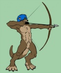 animal_genitalia anthro arrow_(weapon) athletic athletic_anthro athletic_male balls biped blue_hair bow_(weapon) claws feet fully_sheathed genitals green_eyes hair holding_object holding_weapon male membrane_(anatomy) nude ranged_weapon sheath solo toe_claws toes weapon webbed_feet efenrai efenrai_(character) mammal mustelid otter 5:6